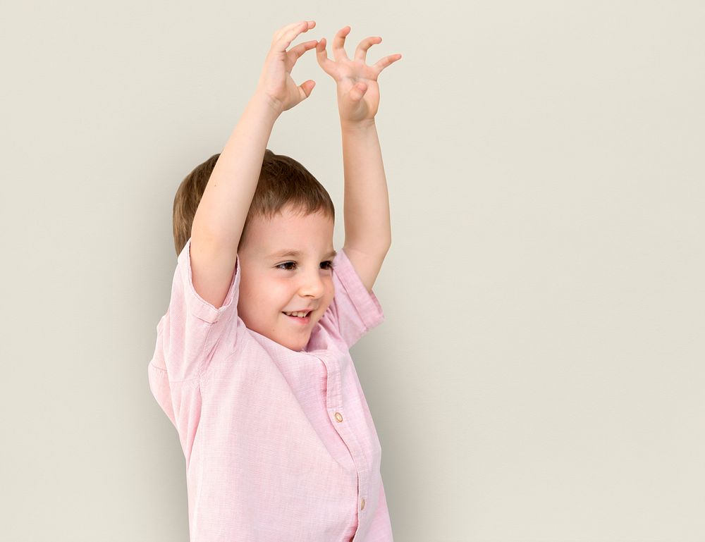 Little Boy Hands Up Cute Adorable Cheerful