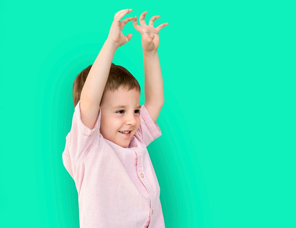 Little Boy Hands Up Cute Adorable Cheerful