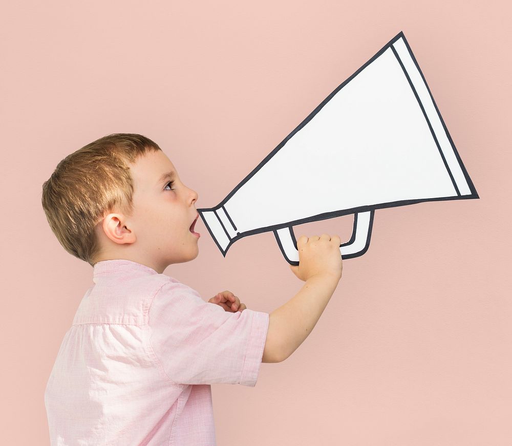 Caucasian Little Boy Holding Papercraft Megaphone