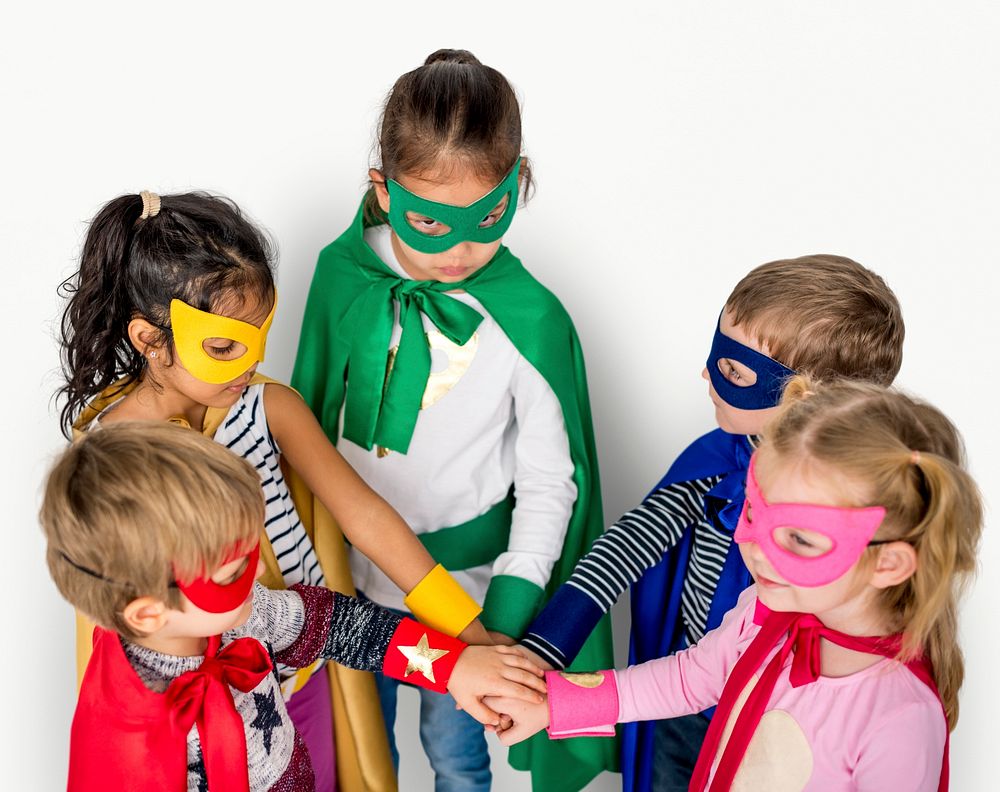 Little Kids Superhero Hands Together Teamwork