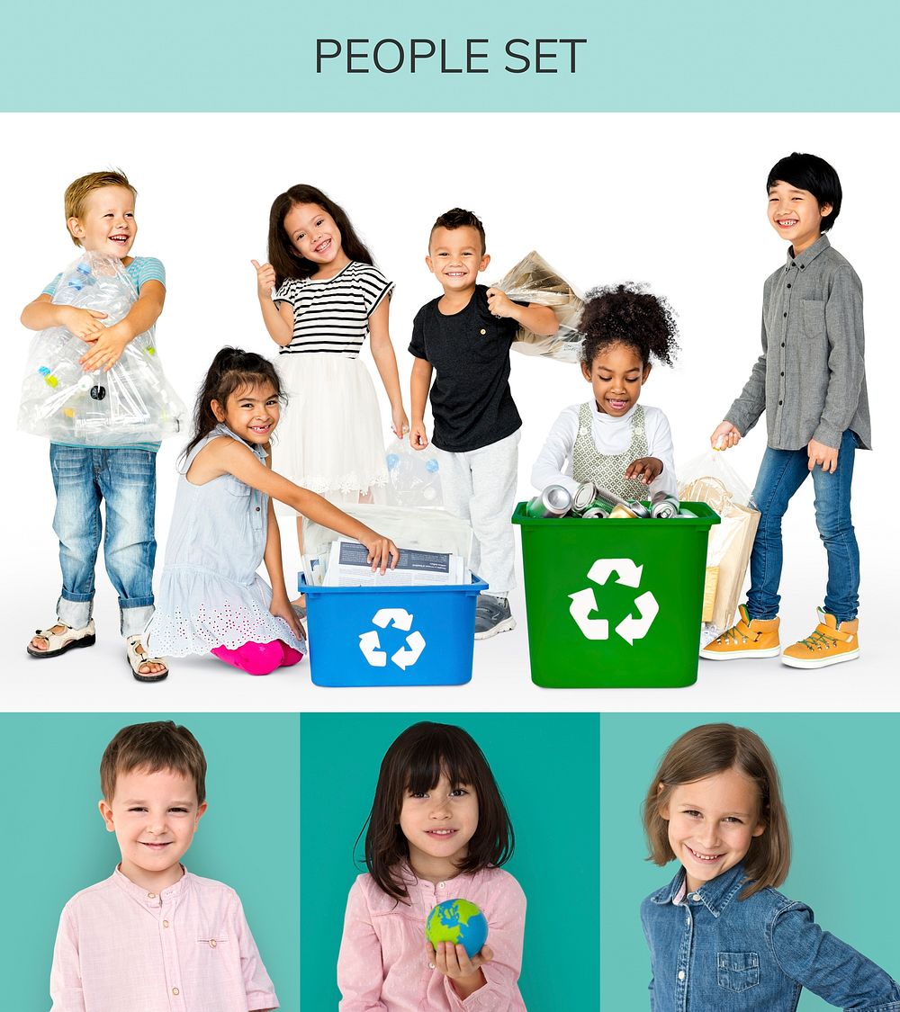 Set of Diversity Kids with Recycle Environmental Friendly Studio Collage