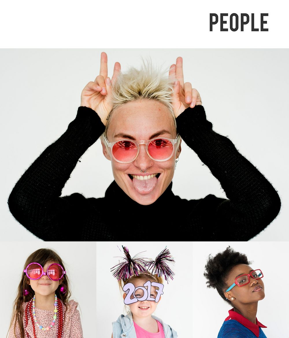 Set of Diversity People Wearing Eyeglasses Studio Collage