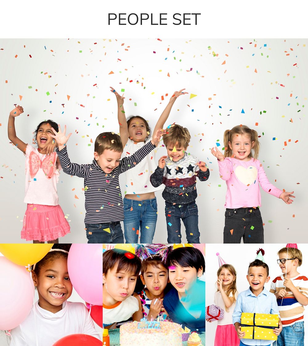 People Set of Diversity Kids Enjoy Party Studio Collage