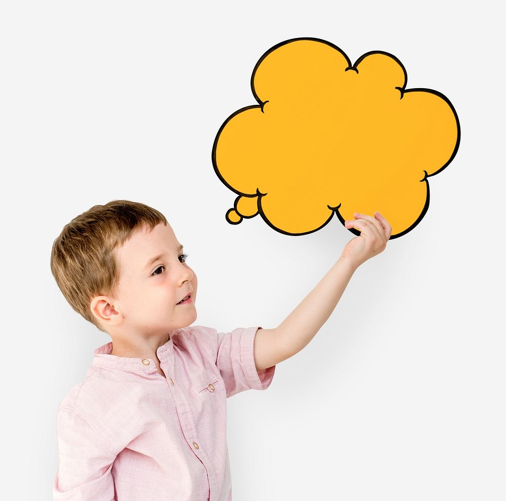 Cute boy holding a thought bubble paper cutout