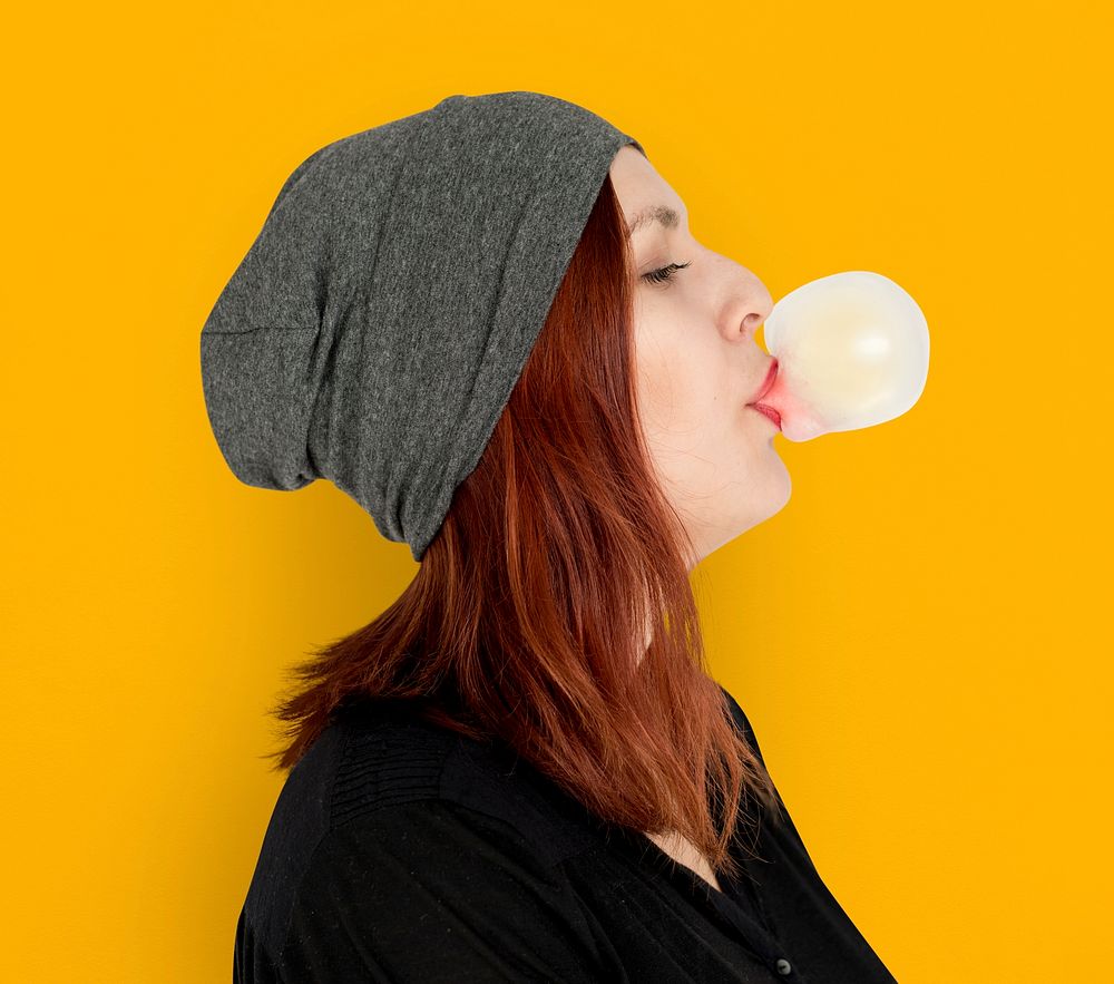 Woman Blowing Bubble Gum Playful Happiness