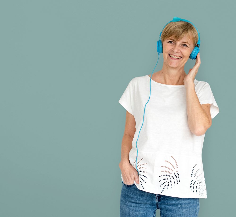 Senior Adult Woman Smiling Happiness Headphones Music Entertainment