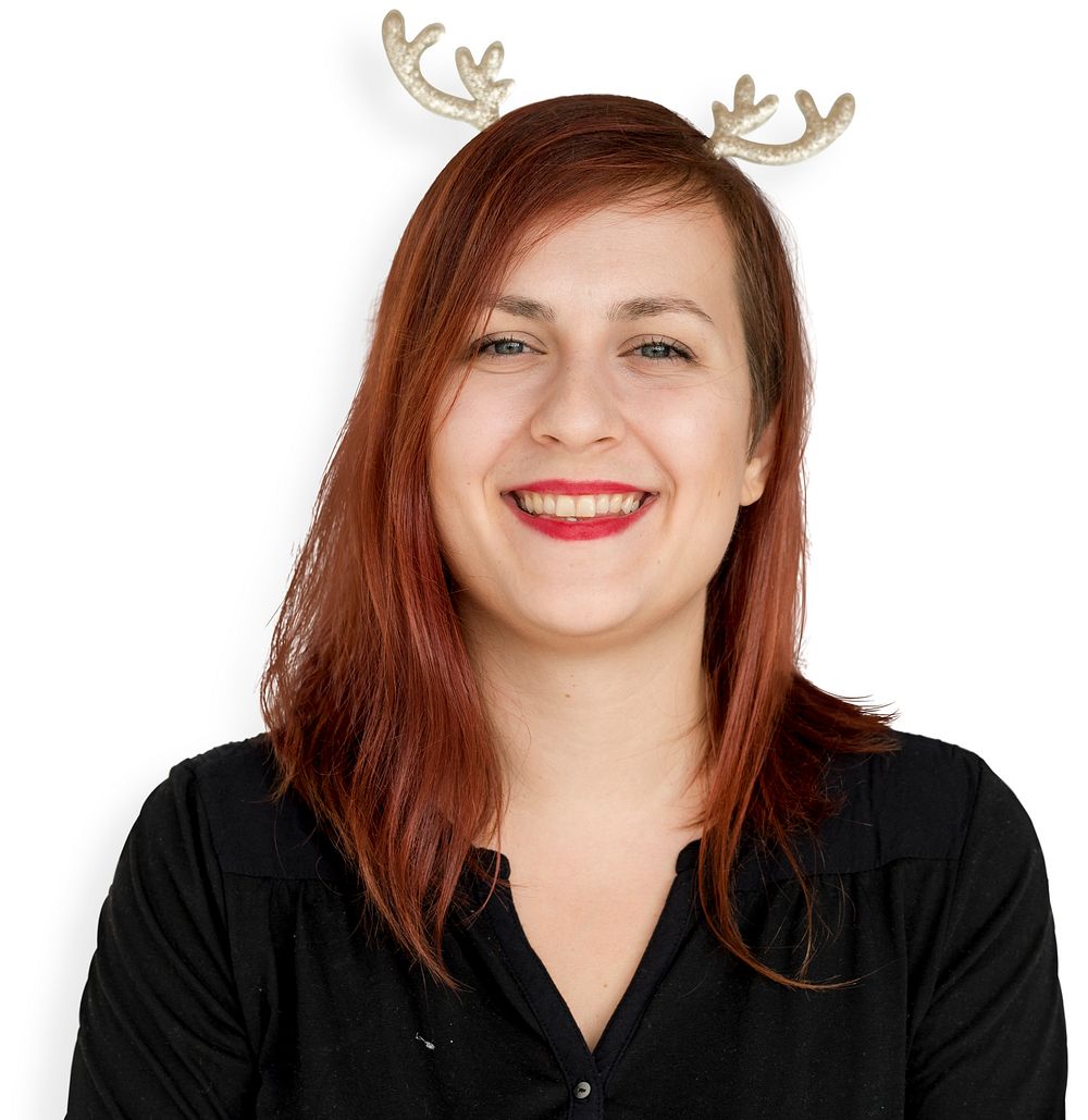 Caucasian Woman Reindeer Headband Smile