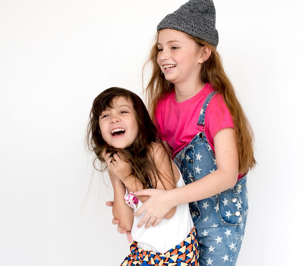 Children Girlfriends Smiling Happiness Friendship Togetherness Studio Portrait