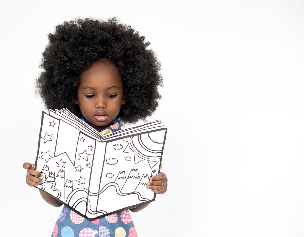 Little Girl Reading Book Education Togetherness Studio Portrait