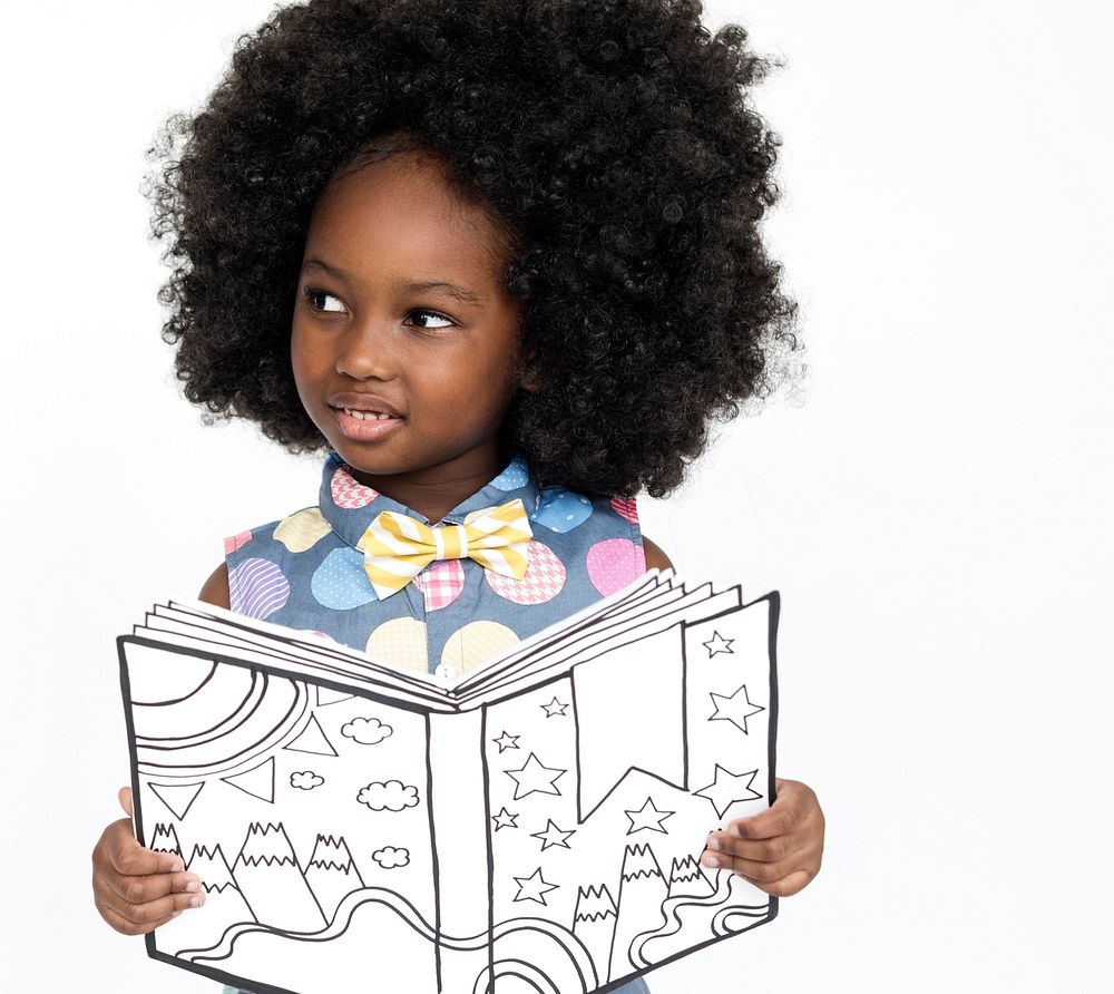 Little Girl Reading Book Education Togetherness Studio Portrait