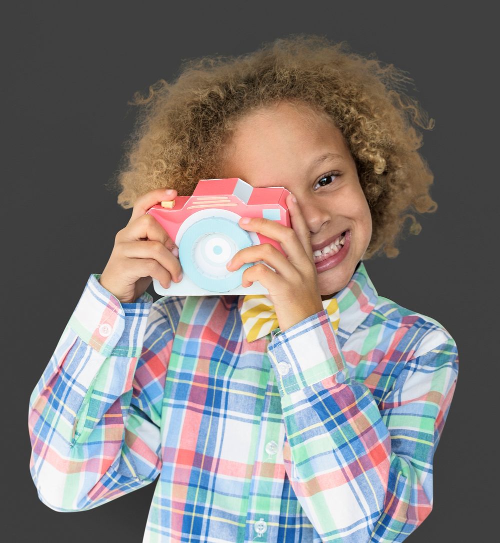 Little Boy Smiling Happiness Paper Craft Arts Camera Photographing Studio Portrait