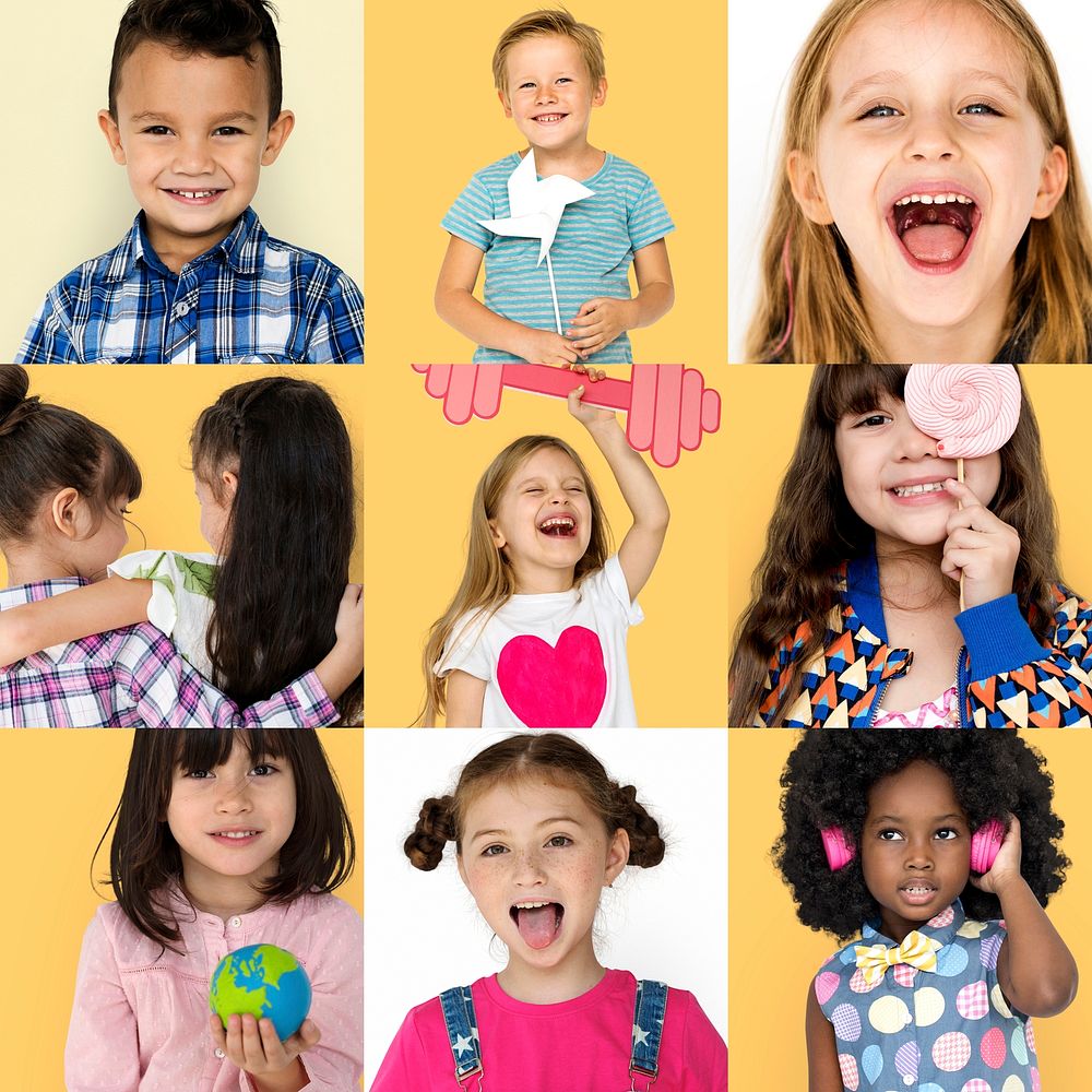 Collage of cute kids childhood happiness face expression