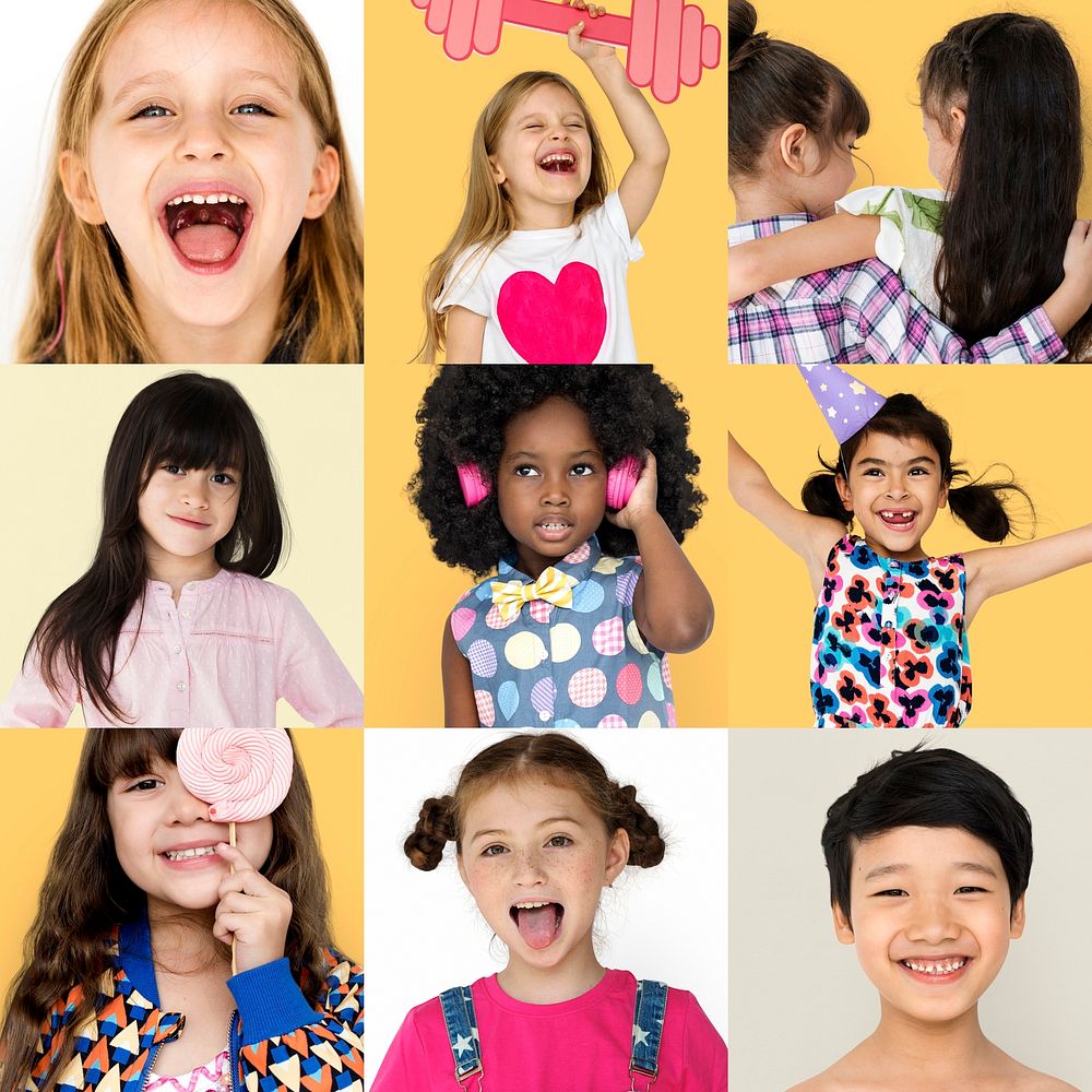 Collage of cute kids childhood happiness face expression