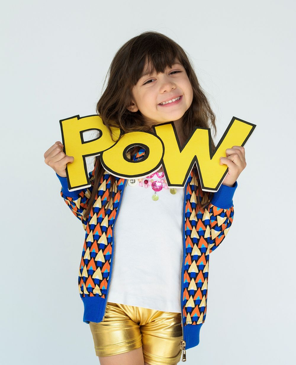 Little Girl Smiling Happiness Holding Comic Word Pow Portrait