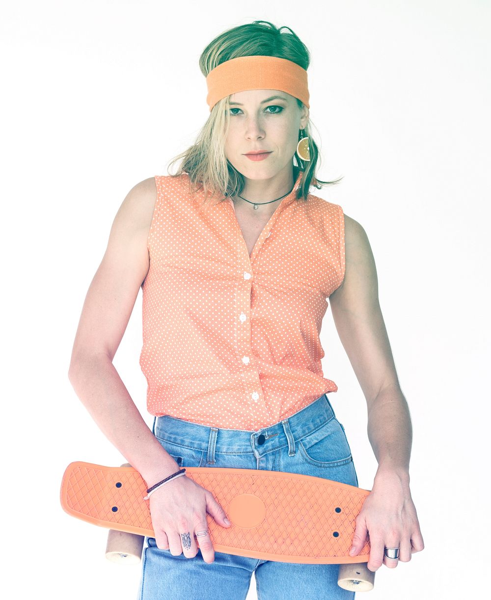 Woman portrait skateboarder sporty outfit