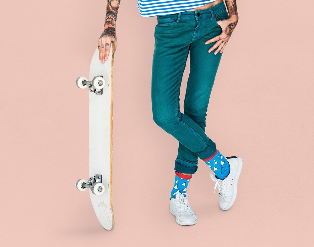 Tattoo Skater Holding Skateboard Extreme Sport Style