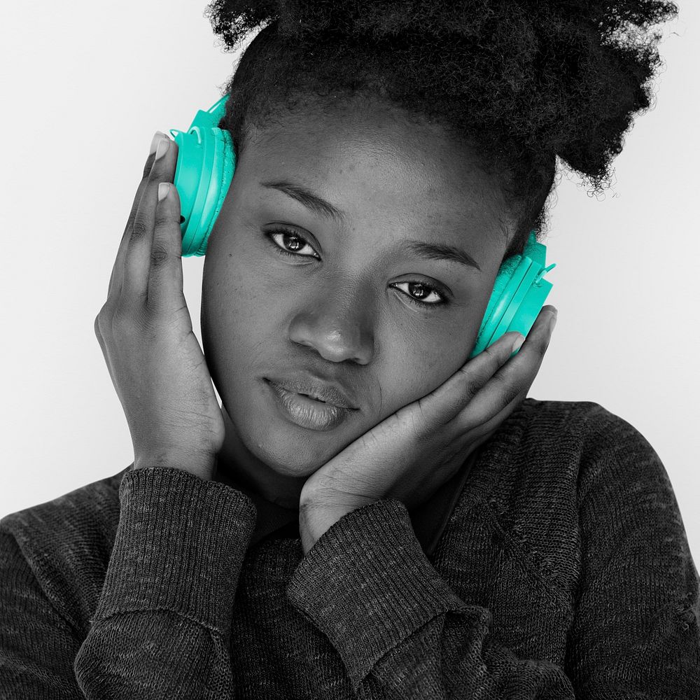 African Woman Headphones Listening Music Media Studio Portrait