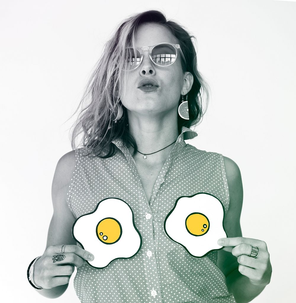 Woman Portrait Hands Holding Fried Eggs Studio