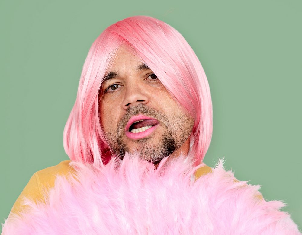 A Man With Pink Wig and Pink Lipstick Staring