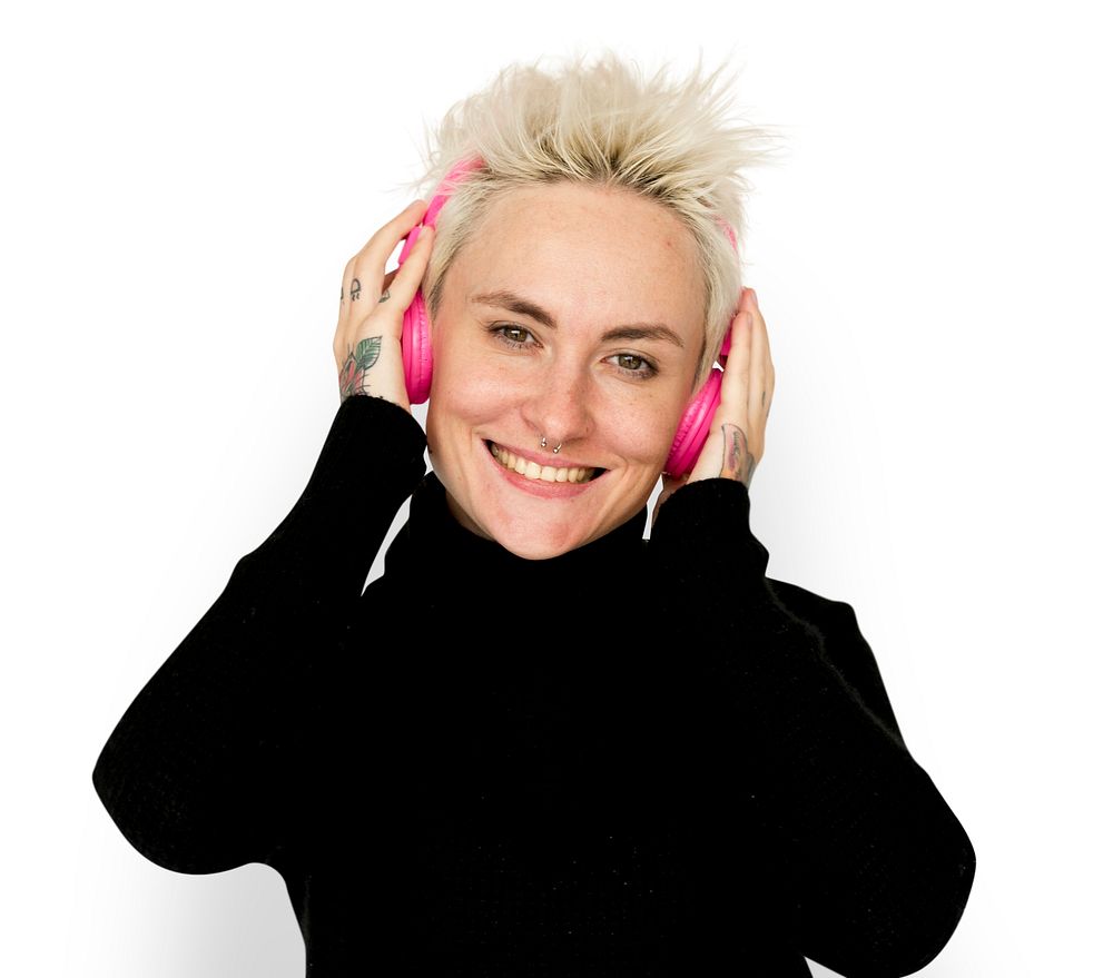 Caucasian Blonde Woman Headphones Smile