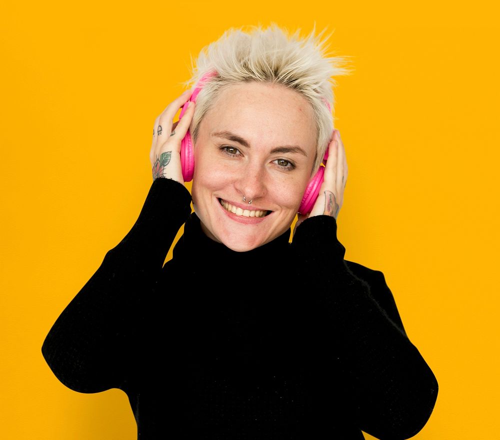 Caucasian Blonde Woman Headphones Smile