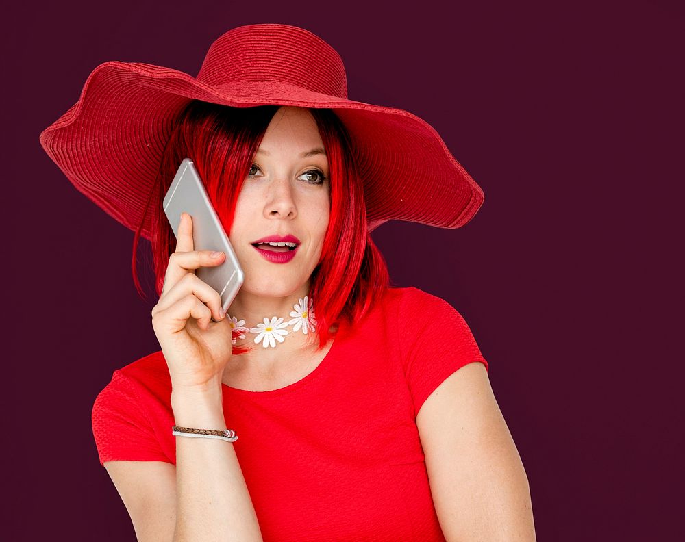 Caucasian Woman in a Red Dress Talking on the Phone