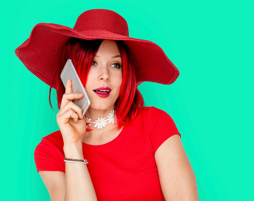 Caucasian Woman in a Red Dress Talking on the Phone