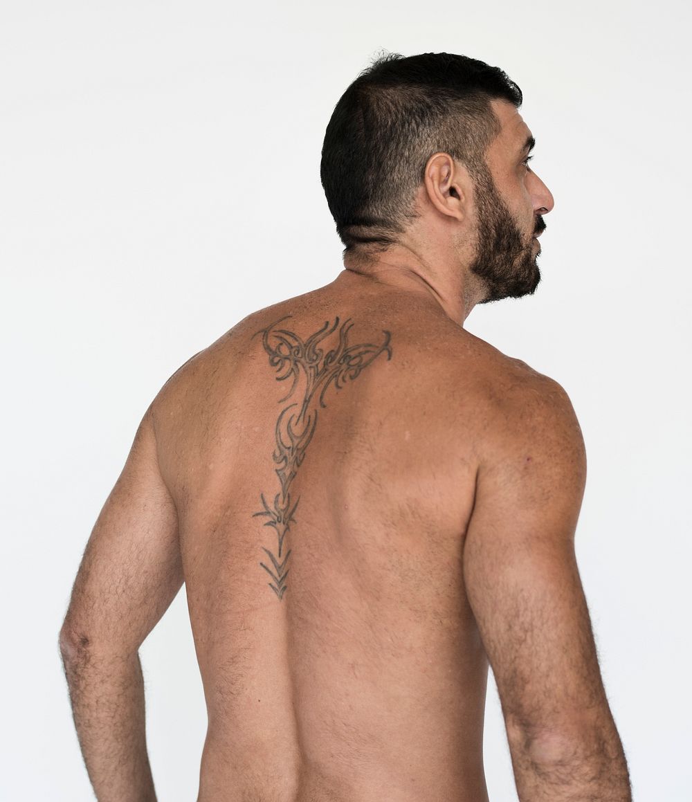 Middle Eastern Man Rear View Shirtless Studio Portrait