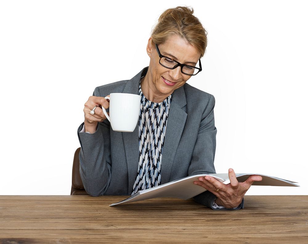 Businesswoman Reading Documents Coffee Drinks Working