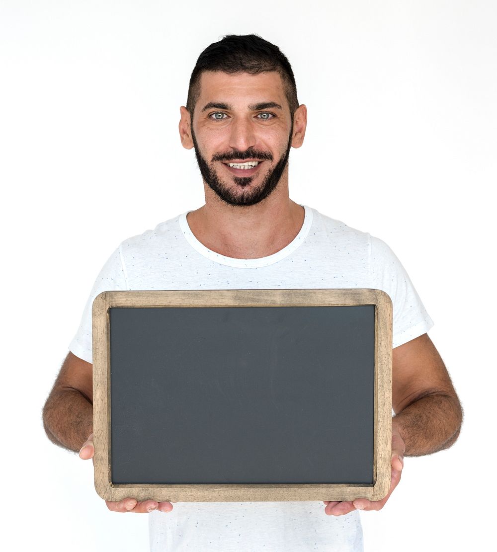 Middle Eastern Man Smiling Happiness Holding Blackboard Studio Portrait