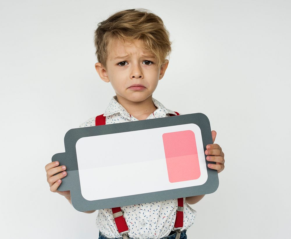 Boy Holding Low Battery Icon Symbol