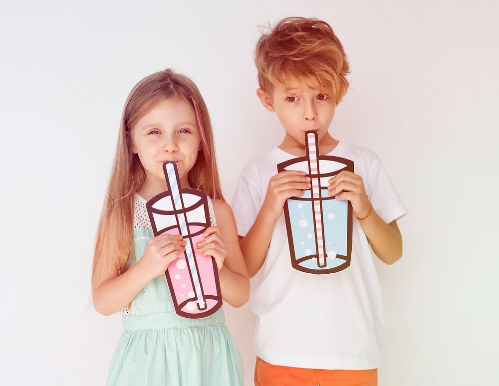 Brother Sister Holding Paper Glass Drinking