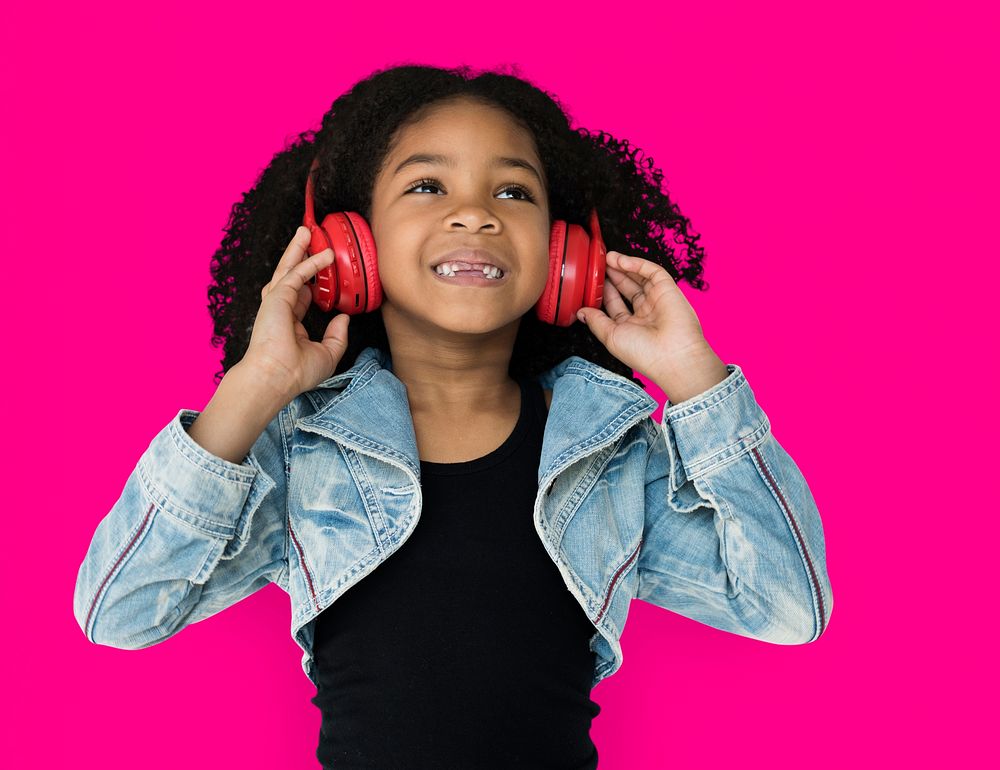 Little Girl Listening Music Headphones Studio Portrait