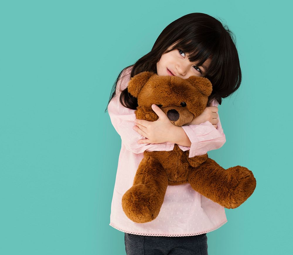 Little Girl Hugging Teddy Bear Soft Toy