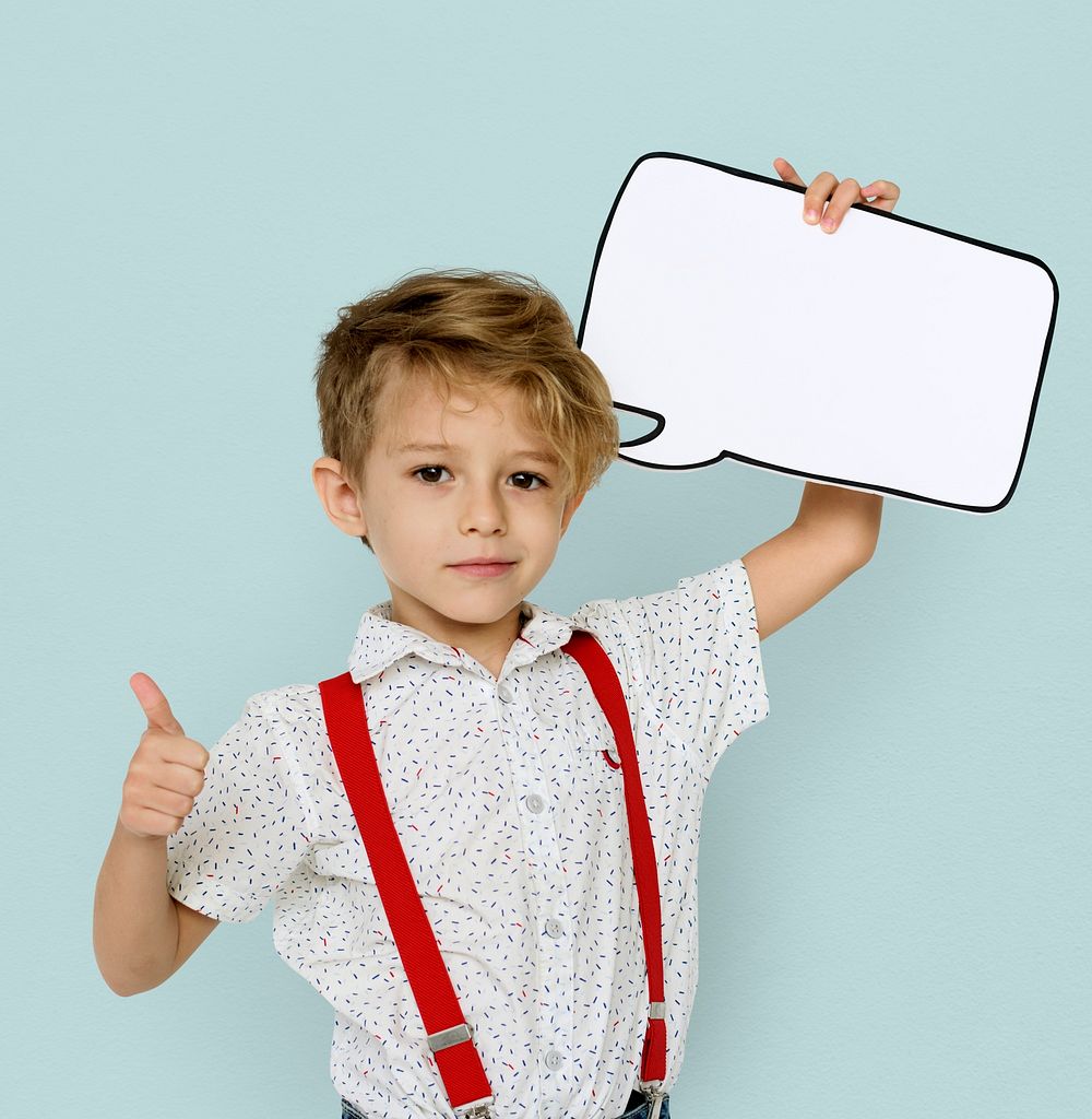 Little Boy Holding Papercraft Chat Bubble