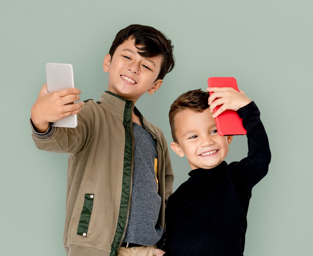 Boy Children Using Mobile Taking Selfie