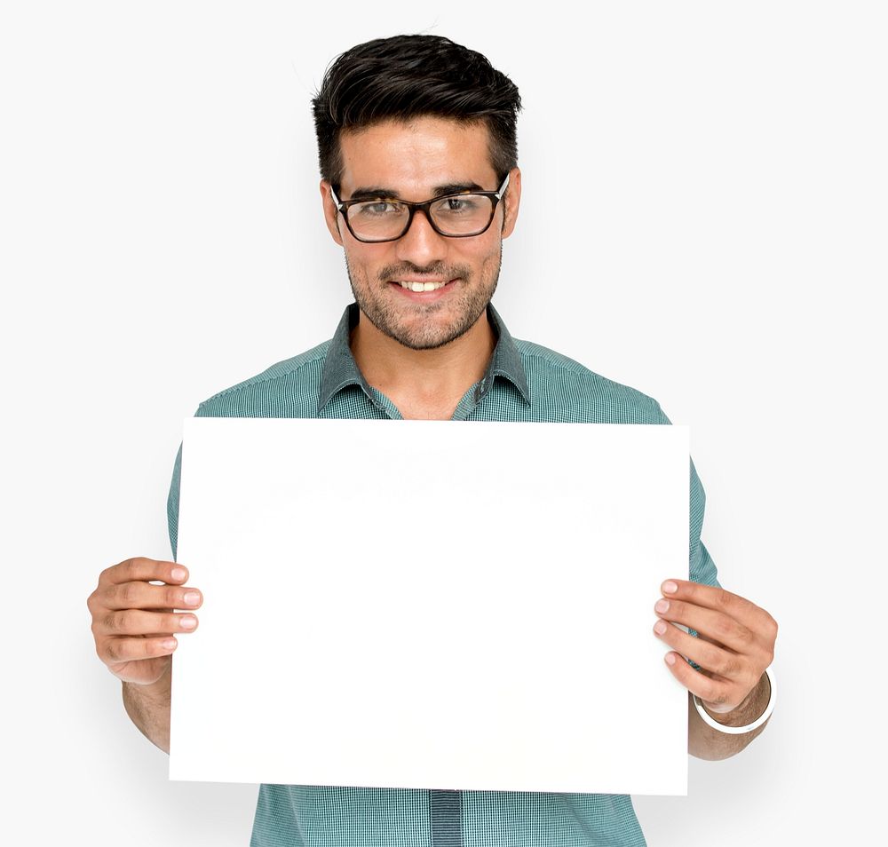 Man Hold Blank Paper Board Copy Space
