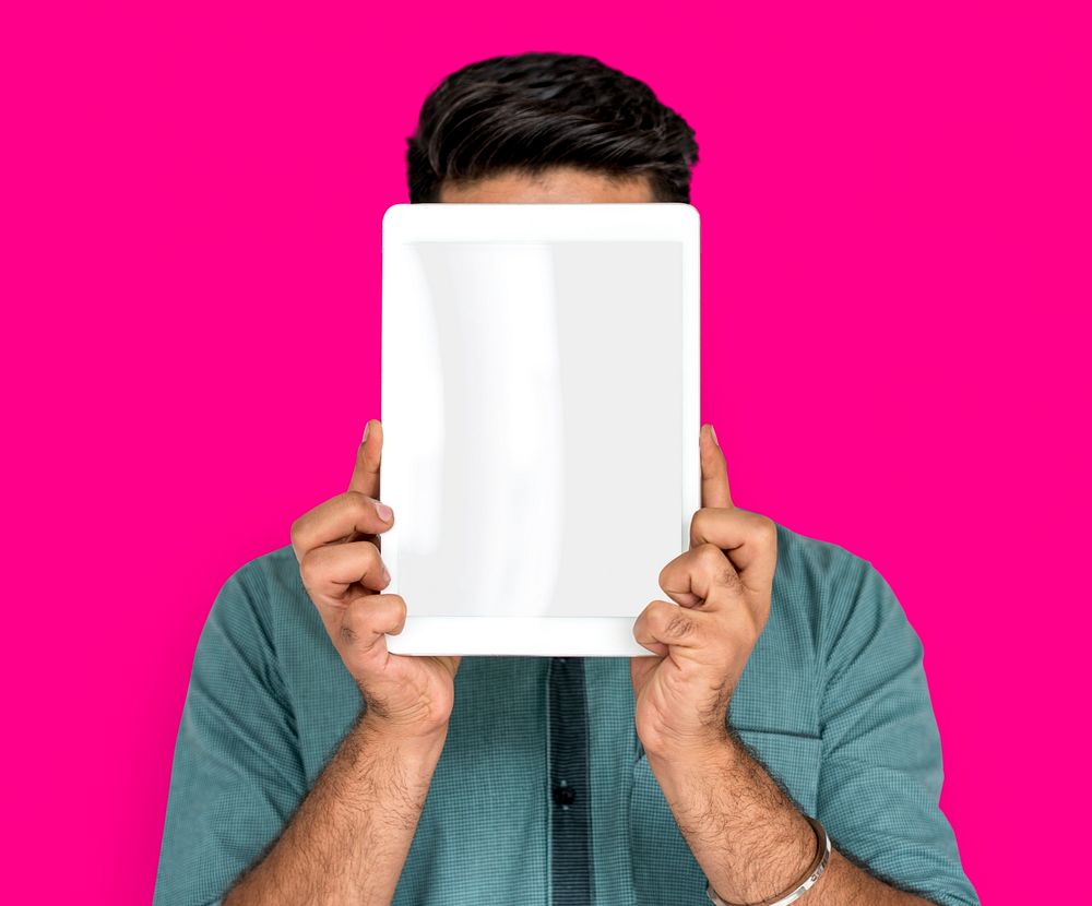 Man Hold Blank Digital Tablet Copy Space