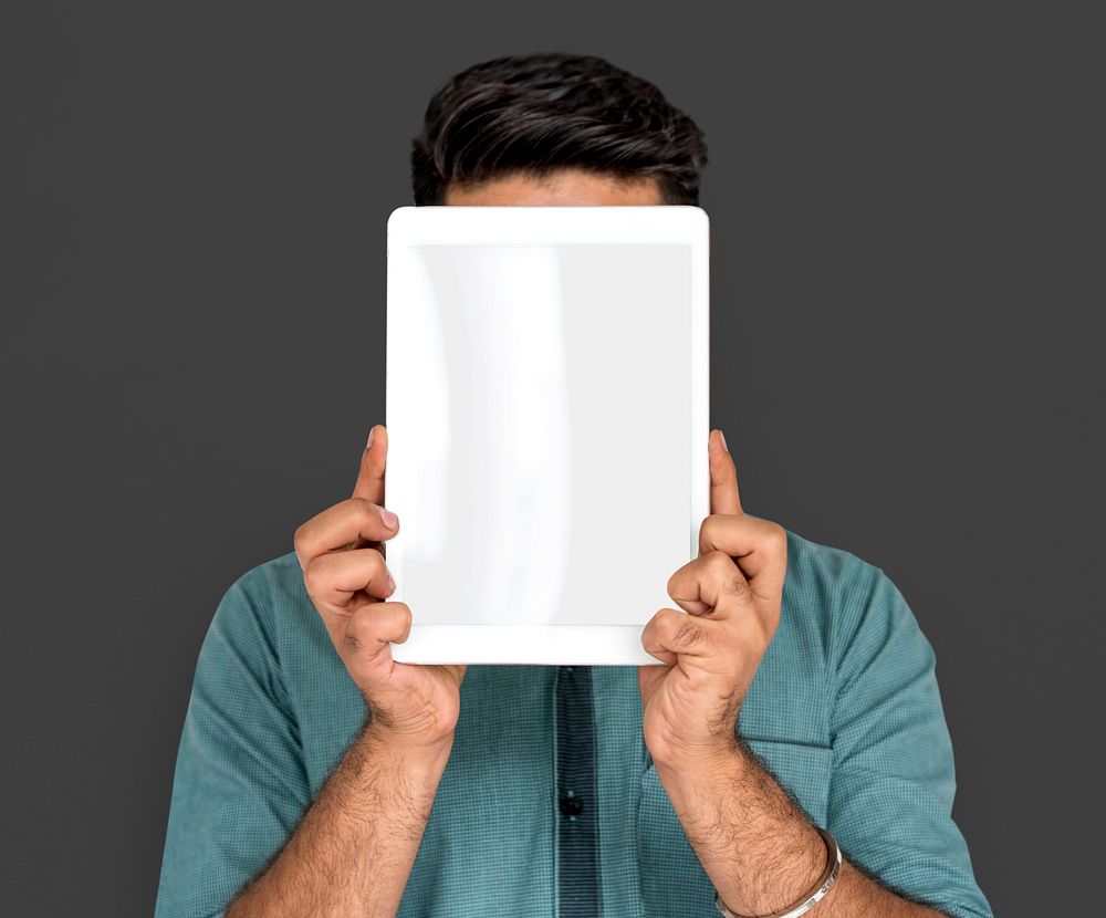 Man Hold Blank Digital Tablet Copy Space