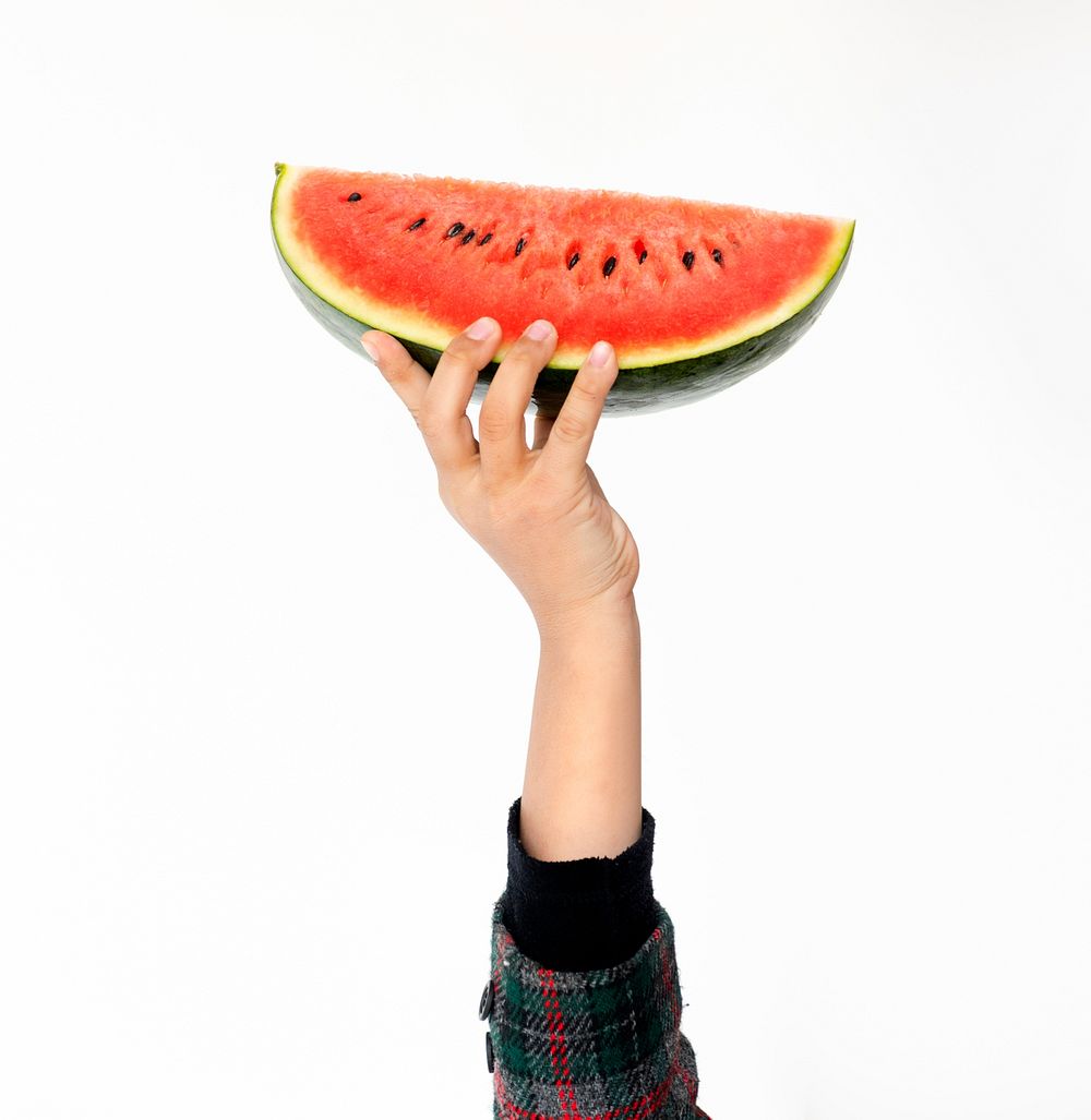 Hand Holding Watermelon on White Background