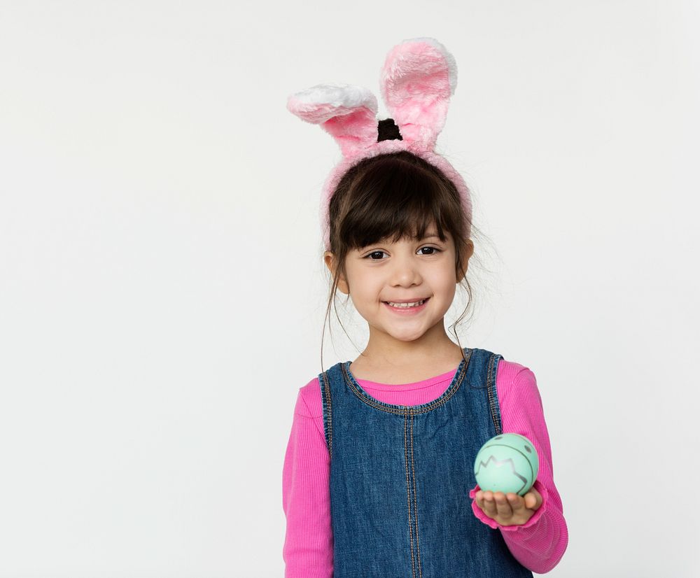 Kid Studio Shoot Wearing Bunny Ear Celebration Easter Egg