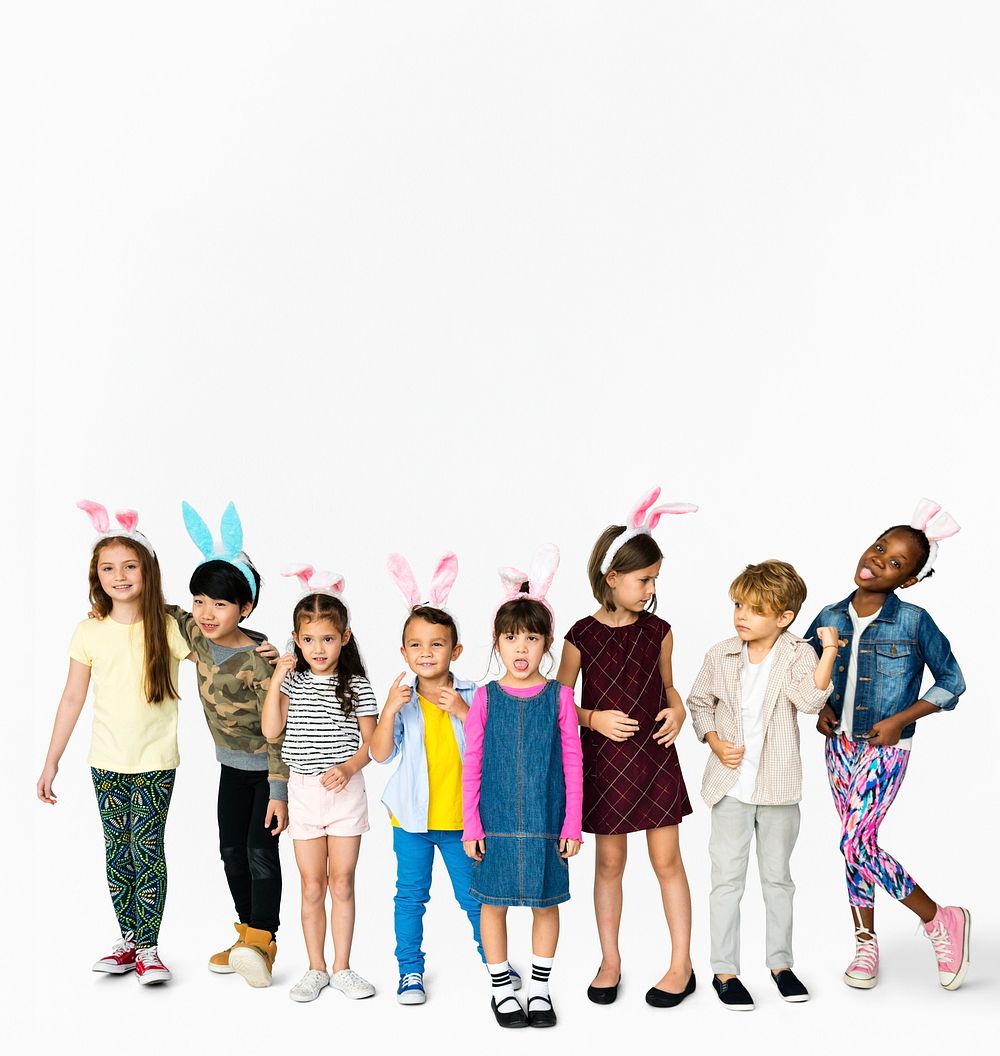 A group of young children wearing bunny headband to celebrate easter