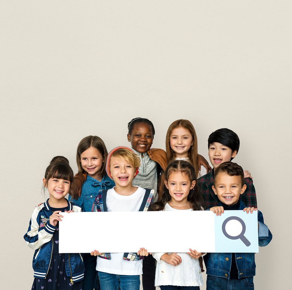 Group of children with searching sign