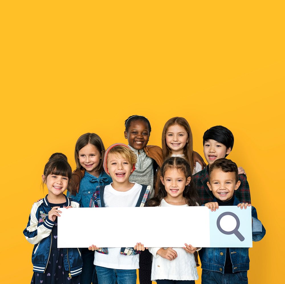 Group of children with searching sign