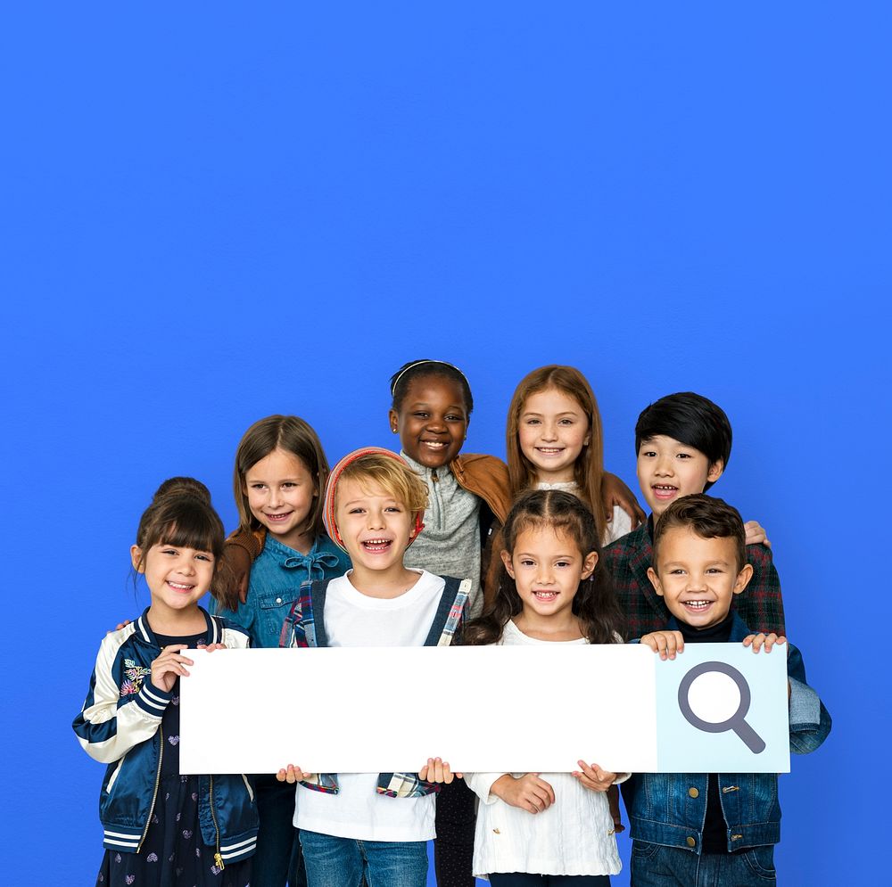 Group of children with searching sign