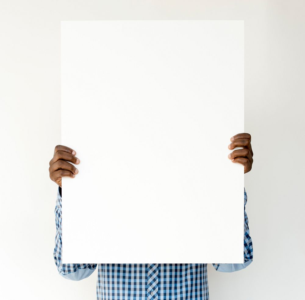 Man Hands Hold Show Blank Paper Board