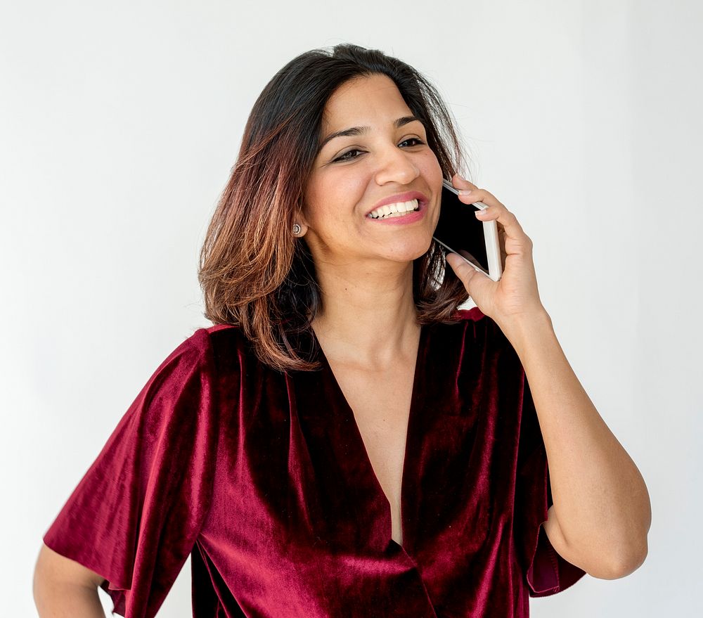 Adult Woman Smile Use Phone Studio Portrait