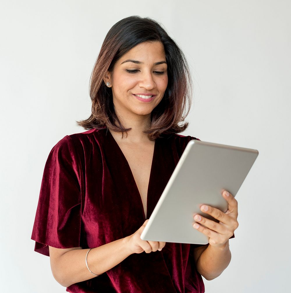 Adult Woman Smile Use Tablet Studio Portrait