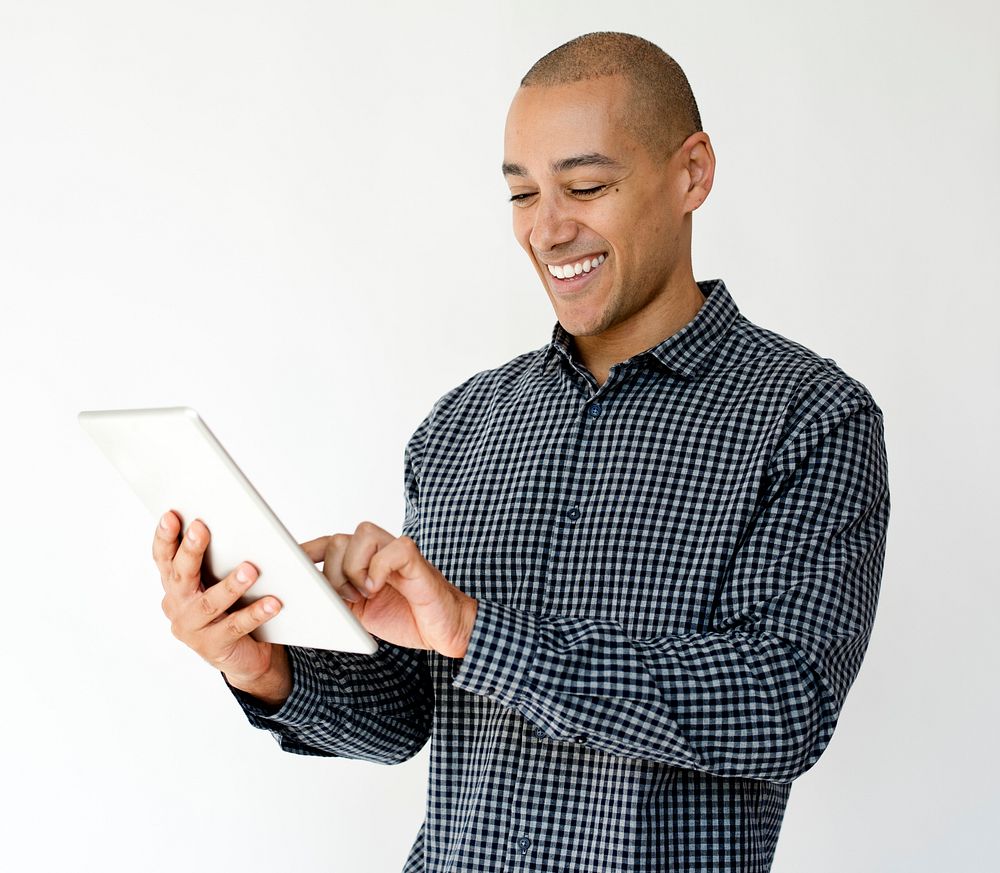 Adult Man Smile Use Tablet Studio Portrait