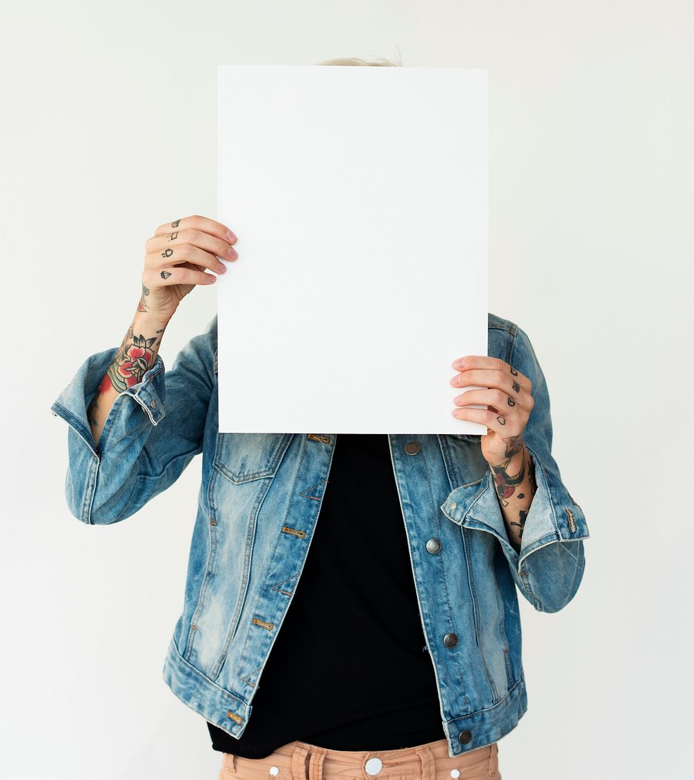 Adult Woman Hands Hold Blank Paper Board Covered Face